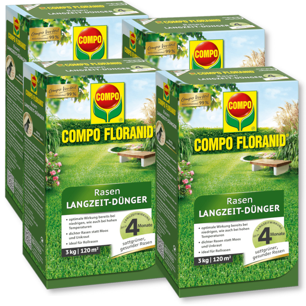 Langzeit Rasendünger COMPO FLORANID Rasen Langzeit-Dünger 4x3 kg