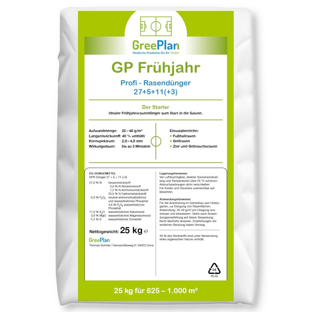 GreenPlan GP Frühjahr 25 kg Rasendünger Startdünger Profidünger Frühjahrdünger