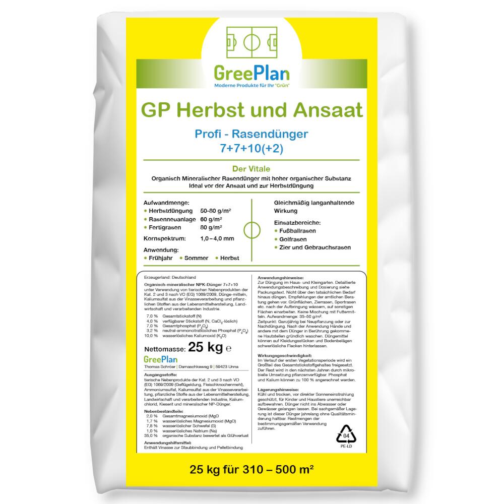 GreenPlan GP Herbst und Ansaat 20 kg Rasendünger Herbstrasendünger Profidünger